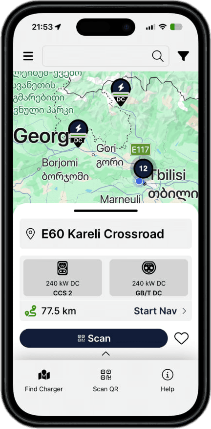 MOVEO mobile app — find, start and pay for EV charging sessions across Georgia